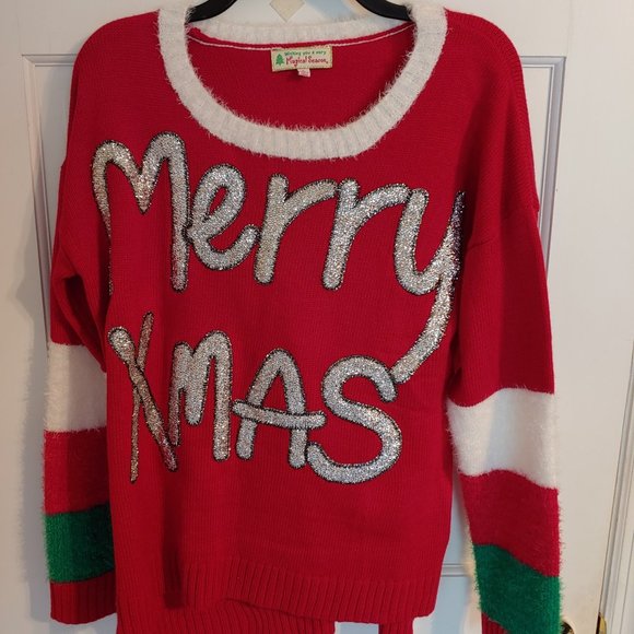 Ladies Merry Xmas Fuzzy Glitter Sweater size large - Picture 1 of 7